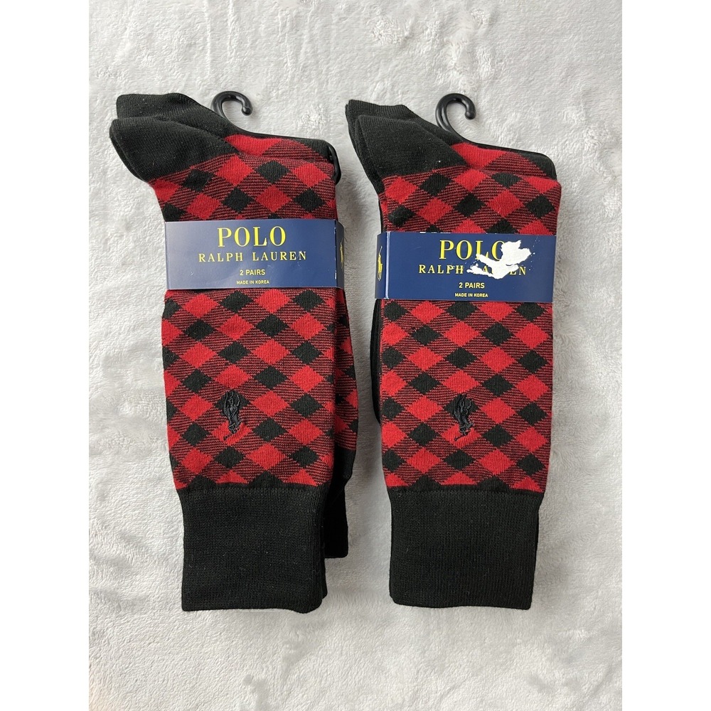Polo Ralph Lauren Dress Socks Men 10-13 Red Black Plaid Buffalo Check 2PK NWT